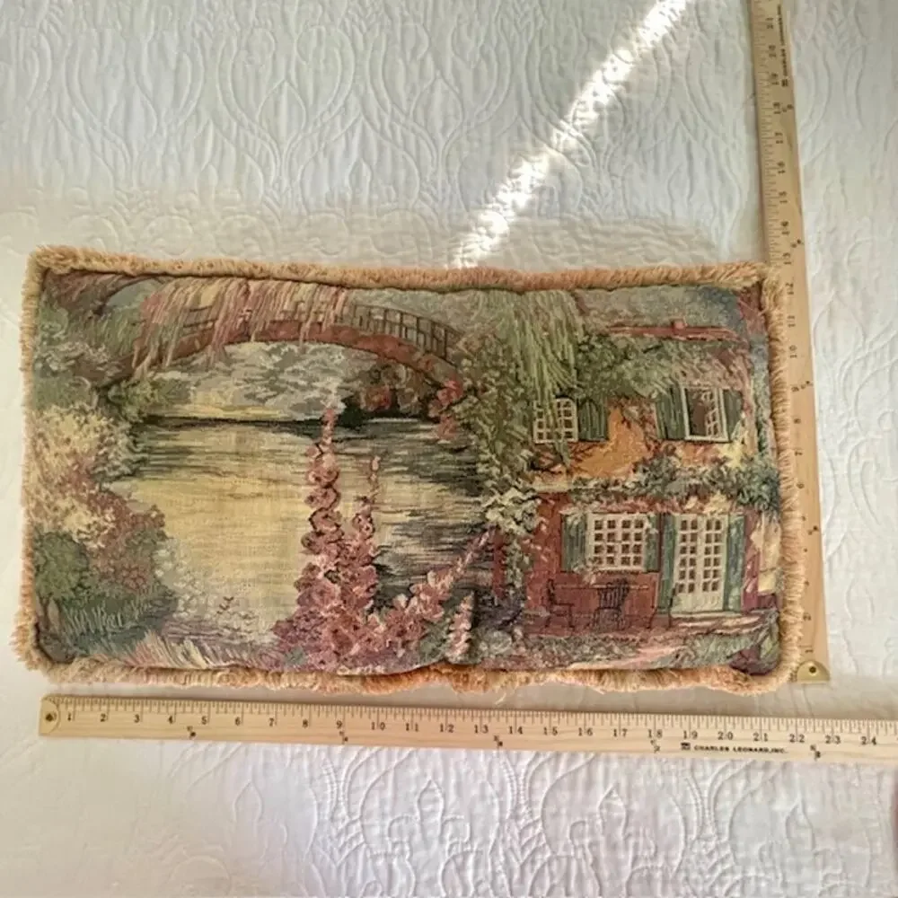 Vintage Tapestry Lumbar Pillow Cottage Garden Scenic Fringe Brown Back